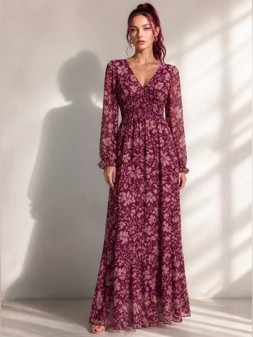 Patrons of Peace Berry Floral V‑Neck Shirred Maxi Dress